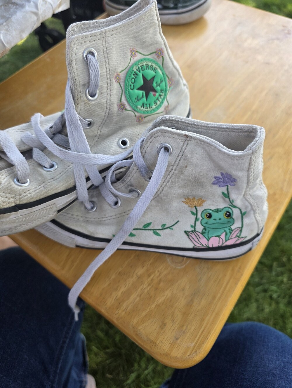 Converse Kids White High-Top Sneakers with Green Frog and Pink Flower Art